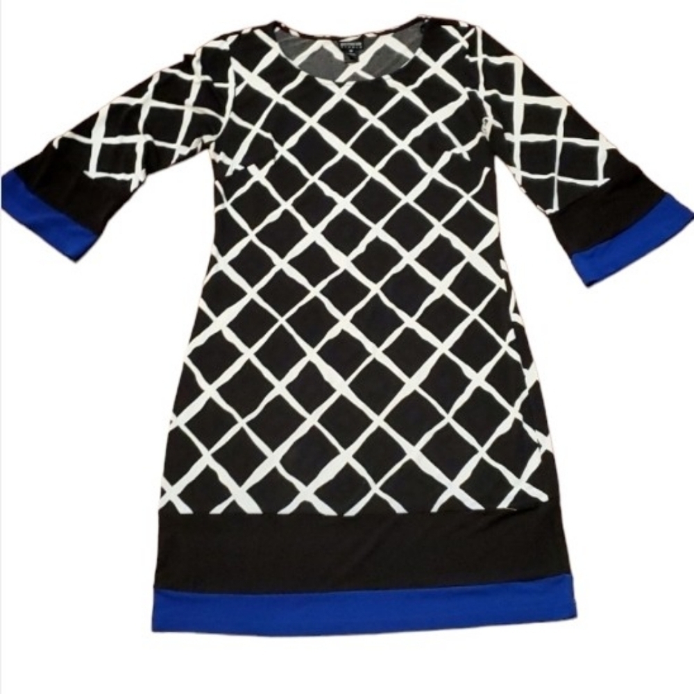 En Focus Studio Dress Size 10 Fluted Sleeve Black White Blue Artsy